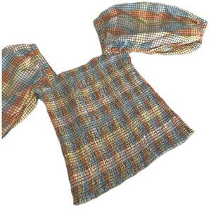 GANNI Smocked Check Puff Sleeve Top EU 40